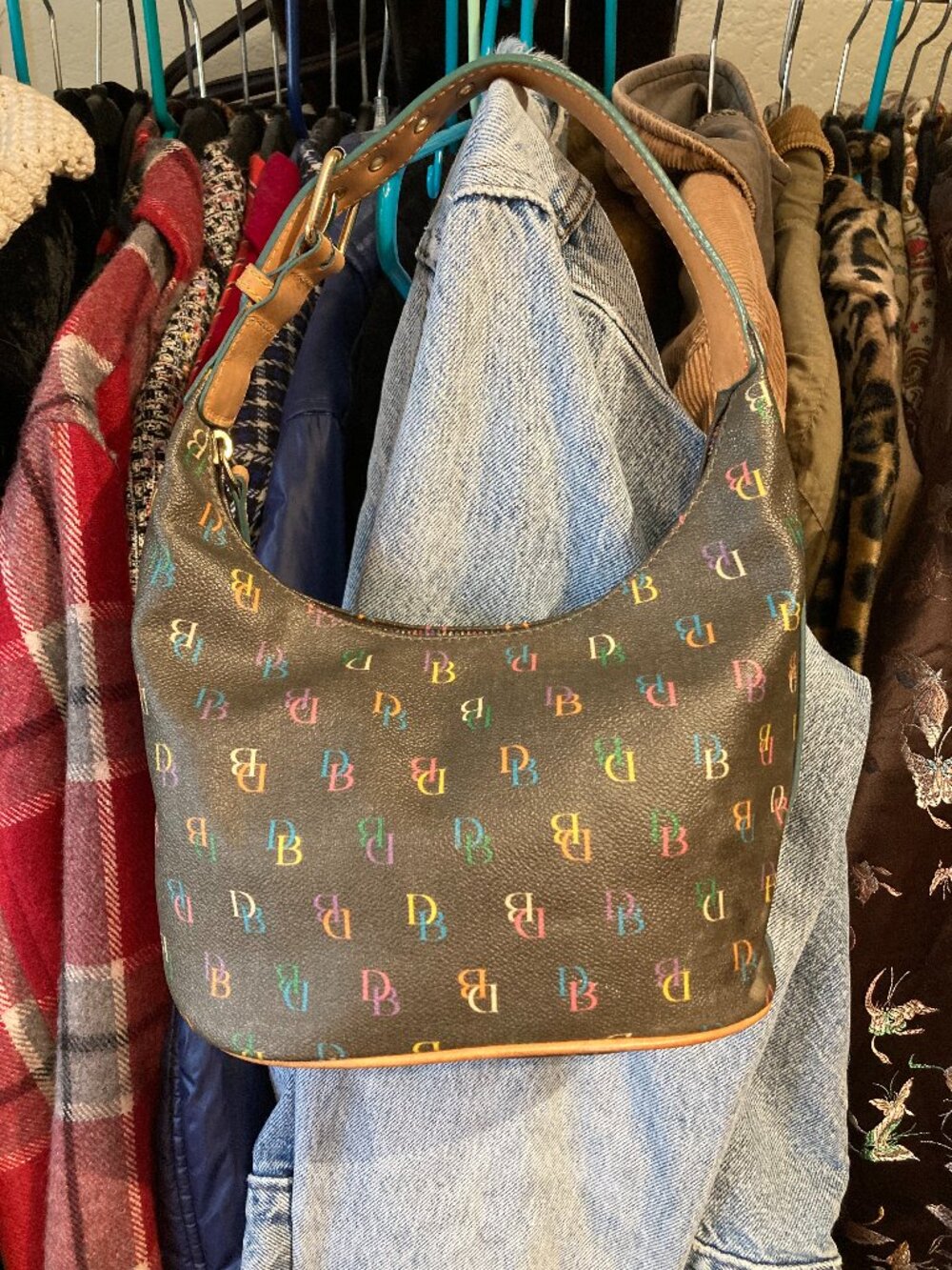 Vintage Y2K Dooney & Bourke Black Rainbow Monogram DB Logo Hobo Shoulder Bag